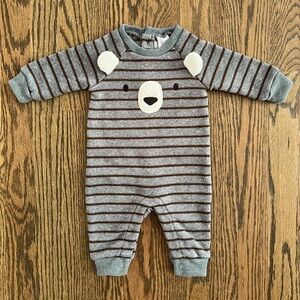 EUC Carter's Just One You Bear Stripe Jumpsuit - Gray/Brown - 0-3 Months